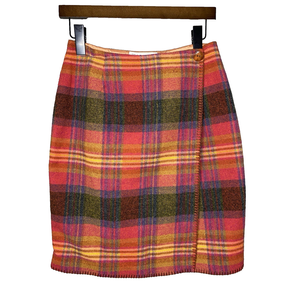 VTG Plaid Blanket Wrap Skirt Knee Pencil MJ Carroll Women's 8 Wool Blend USA
